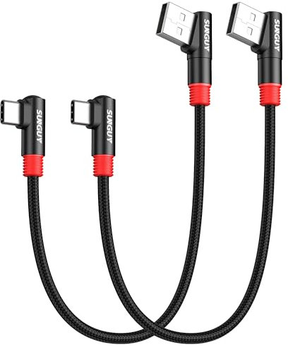 SUNGUY Cavo USB C Corto 90 Gradi, [0,3 m 2 pezzi] 3A Cavo USB Type C USB 2.0 trasferimento dati in Nylon per iPhone 16 15 Pro/Pro Max/Plus, Galaxy S24/S23, iPad Pro 2022, Redmi Note 11/Note 10