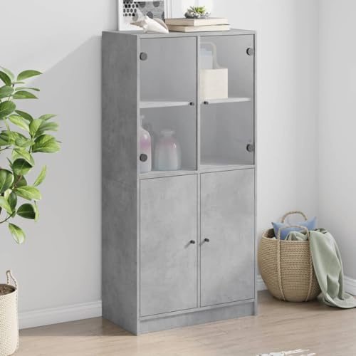 WKIEQACO Highboard mit Türen Betongrau 68x37x142 cm Holzschrank & Lagerbuffets & Sideboards