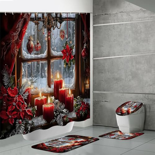 4 Pcs Christmas Shower Curtain Set Xmas Santa Bathroom Decoration,Toilet Lid Cover and Bath Mat,Waterproof Red Snowman Shower Curtain with 12 Hooks for Home Hotel Winter Decor Gifts (Style 9)