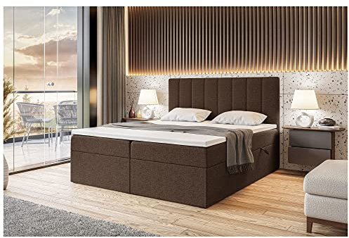 MEBLINI Boxspringbett mit Bettkasten - Gepolstert Doppelbett mit Matratze und Topper - Polsterbett mit Stauraum - Bett mit Kopfteil - Stauraumbett - Erling - 200x220 - H4/Braun Webstoff