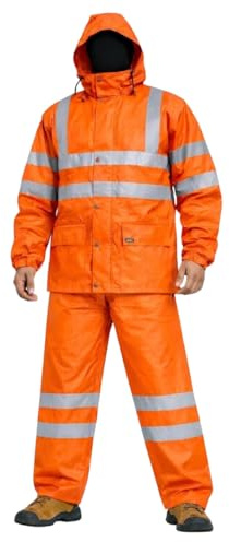 Men’s Hi Vis Waterproof Rain Suit – Reflective High Visibility Jacket & Trousers Set with Hood, Hi Viz Workwear Waterproof Rain Over Suit for Construction
