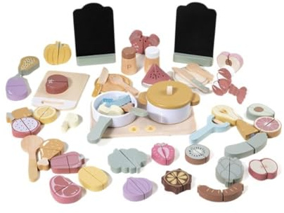 FewNvWa Spielset Kinderküche Holz Spielküche Lebensmittel Spielzeug Schneidespielzeuge Lernküche mit Kochfeld Töpfen Pfannen Und Zubehör mit für Rollenspiel für Vorschule Zuhause Geschenk