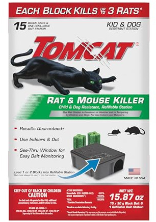 Tomcat Rat & Mouse Killer, Child & Dog Resistant Refillable Station — Tamper-Resistant Indoor/Outdoor Bait Station with Clear Monitoring Window, 1 Station and 15 Bait Blocks
