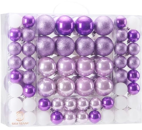 Sea Team 87 Pieces of Assorted Christmas Ball Ornaments Shatterproof Seasonal Decorative Hanging Baubles Set with Reusable Hand-held Gift Package for Holiday Xmas Tree Decorations, Purple
