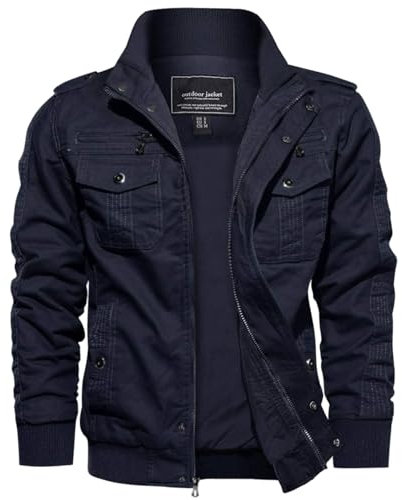 EKLENTSON Herren Outdoorjacke Männer Cargo Jacke Stehkragen Reißerschluss Multitaschen (M, Navy)