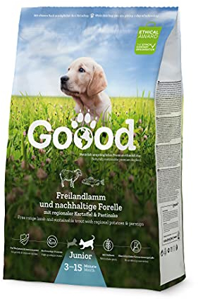 Goood Junior Freilandlamm & nachhaltige Forelle – Trockenfutter, Hundefutter – für Wachstum und Immunsystem von Junghunden – Lammfleisch und Forelle, Eiweiß und Zink – 1,8kg