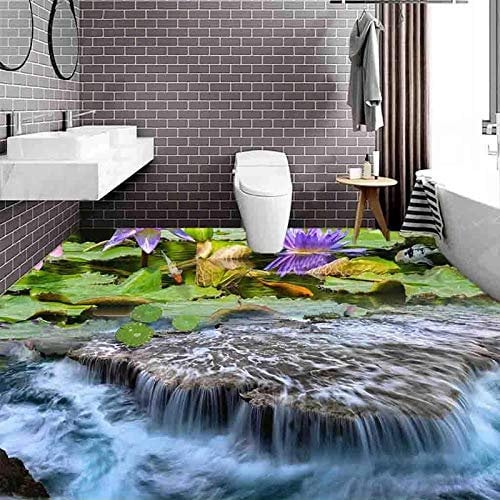 Custom 3D Floor Mural Wallpaper Waterfall Lotus Fish Pond Bathroom Kitchen Floor Sticker Waterproof Self-Adhesive Wall Decals,200(W)*140(H)cm