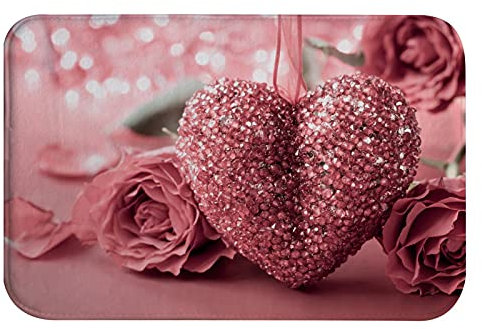 A.Monamour rutschfest Saugfähig Waschbar Badematte Valentinstag Hintergrund Mit Herz Und Rosen Weich Flanell Badezimmerteppich Badteppich Badvorleger Badewanne Dusche Duschvorleger
