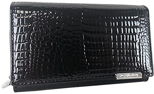 Jennifer Jones Echt-Leder Damen Geldbörse - Modische Croco Glanz Optik - RFID (M - Style 1, Schwarz)