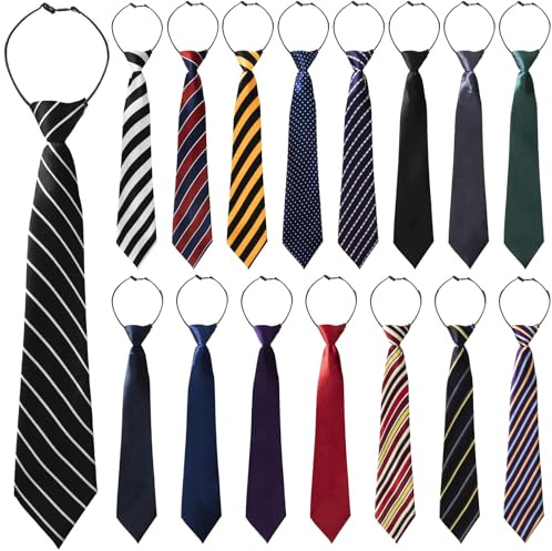 JaGely 16 Pieces Boys Tie Skinny Kid Pre Tied Neckties Adjustable Tie children Solid Color Striped Boys' Neckties for Kids Toddler School Uniforms Ages 4-10