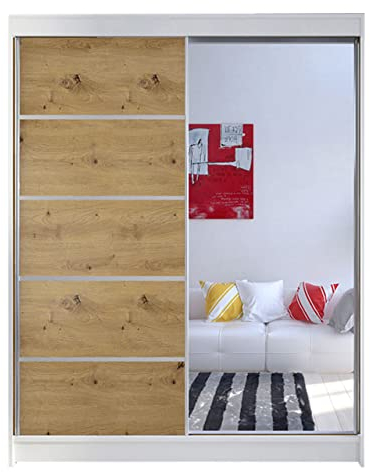 Mirjan24 Metropolis III Armoire avec rails coulissants en aluminium - Armoire à portes coulissantes - Étagère - Armoire de chambre à coucher (blanc/artisan, sans éclairage)