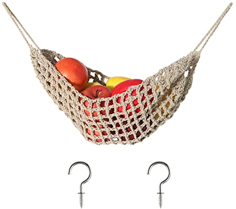 UFURMATE Macrame Fruit Hammock, Cotton Fruit Holder Net, Under Cabinet Veggie Storage Space Saving Kitchen Decor with Hooks