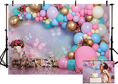 MEHOFOND 2,1 x 1,5 m Rosa Mädchen Geburtstag Fotografie Hintergründe Wunderland Blumen Schmetterling Luftballons Baby Shower Kuchen Smash Dekor Party Hintergrund Porträt Fotostudio Zubehör
