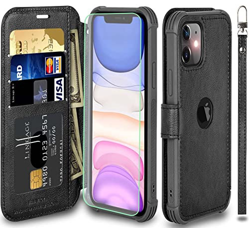 VANAVAGY Compatible for iPhone 11, Leather Flip Folio Shockproof Phone Cover [Screen Protector Included][Support Wireless Charging] with RFID Blocking Card Holder for iPhone 11, Black