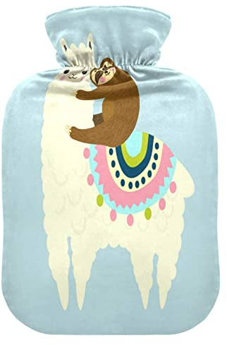 Mnsruu Cartoon Lama Alpaka Faultier Wärmflasche mit Samtbezug, 2L Transparente Wärmflasche für Hand Fußwärmer Schmerzlinderung Heißkalt Therapie Krämpfe
