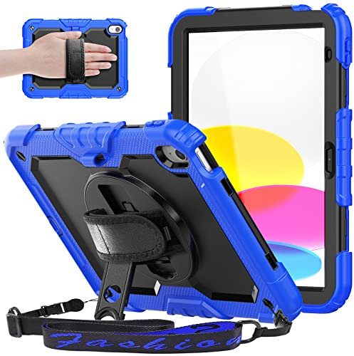 SEYMAC Case for iPad 11th/10th Generation 2025/2022 A16 11inch/10.9inch, Heavy Duty Shockproof with Screen Protector, 360° Rotating Stand/Hand Strap/Pencil Holder for iPad 11 Cover, Blue