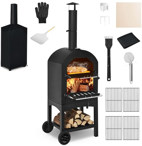 COSTWAY Outdoor-Pizzaofen, Holzofen für draußen, Terrassen-Pizza-Grill mit Pizzastein, Pizzaschieber und wasserdichter Abdeckung für Hinterhof-Camping