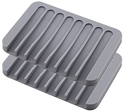 XHNFCU 2 Pcs Soap Dish Silicone Soap Drainer Dish Keep Soap Bars Dry Anti-Slip Soap Holder for Bathroom, Shower, Kitchen, Soap, Sponge (Grey)