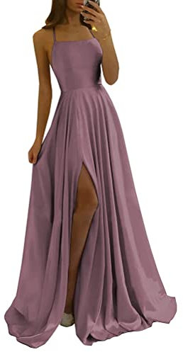 shownicer Abito da Sera in Raso Vestito da Cerimonia Donna Stile Impero Linea ad A Scollo all'Americana Senza Maniche Vestito Lungo Abito da Laurea con Lacci A Viola Chiaro XS