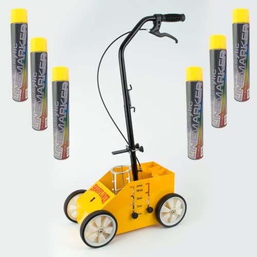 LineStar Yellow Floor Line Marker Spray Paint x6 Aerosols & 4 Wheel Pro Model Line Marker Spray Paint Applicator. For Schools, Sports Surfaces, Industrial marking,Safety Marking (4 Wheel & 6X Yellow)