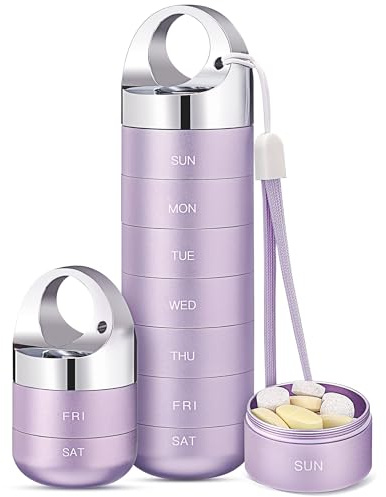 Zannaki Travel Pill Organizer in Metal, Portable Weekly Organizer, Waterproof and Stackable, Large Capacity in Aluminum Alloy, BPA Free, 7 Days for Medications, Vitamins and Supplements