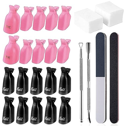 Outils de Dissolvant pour vernis à ongles, 20 pinces à doigts, Ongles Outil Dissolvant Clips, 2 limes à ongles, 100 chiffons en coton, un grattoir à cuticules et un poussoir.