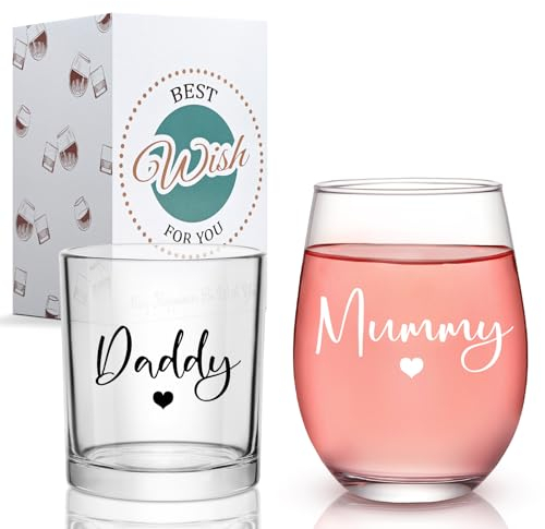 Joymaking Mummy and Daddy Glasses Set - Wine and Whiskey Glasses, New Parents Gift for Anniversary, Birthday, Valentine's, Father's and Mother's Day