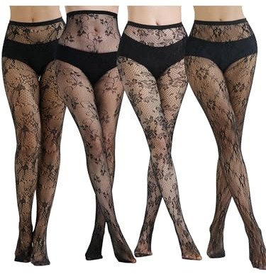 SOUTHRO 4 Pairs Black Patterned Printed Tights Fishnets Net Stockings Pantyhose with Goth Pattern Designer Tights for Women