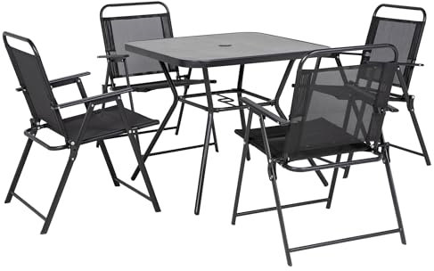 Outsunny Ensemble Salon de Jardin 1 Table carrée et 4 chaises Pliantes Salon de Jardin en métal époxy, 5 pièces pour 4 pers - Trou de Parasol - Noir
