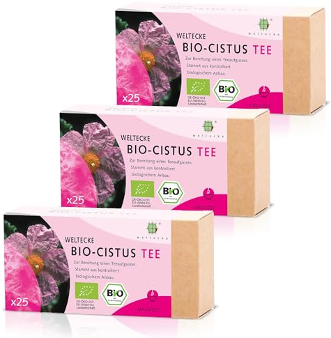 Weltecke Bio-Zistrosen-Tee | 3x 25 Teebeutel frisch in Deutschland abgefüllt | Aromatisch-herber Kräuter-Tee von der Zistrose | Natürlich vegan | Ohne künstliche Aromen & Zucker | Cistus Incanus