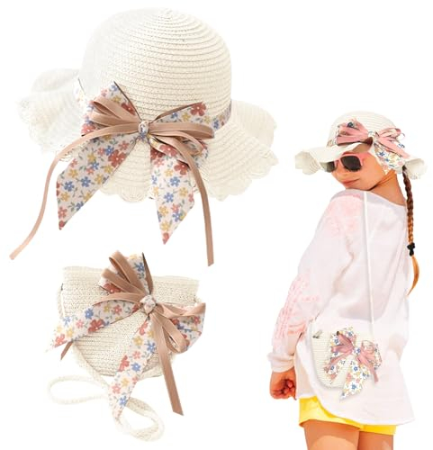Kunyeah Kinder Mädchen Sommer Strohhut Tasche Set niedlich Bogen Sonne Kappe Mädchen faltbar breite Krempe Floppy Beach Hüte