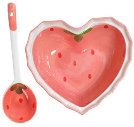 Alipis 1 Jeu Cuillère Bol à Fraises en Forme de Coeur Assiettes de pâtes Bols Coeur en céramique Plat saladier Couverts Assiette de Service délicate Salade Nourriture décorer