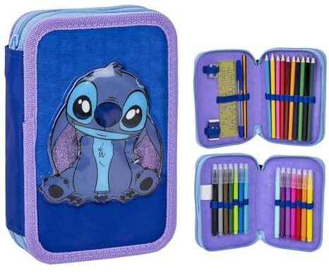Estuche de 3 Compartimentos de Stitch - Color Azul - 12,5 x 4,5 x 19,5 cm - Fabricado con Poliéster y PVC - Cierre de Cremallera - Incluye Accesorios - Producto Original Diseñado en España