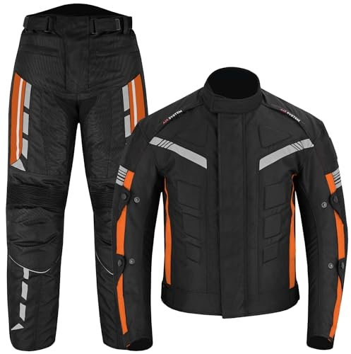 Vaster Moto Combinaison de moto pour homme, veste et pantalon de moto imperméables, pantalon certifié CE, armure amovible en Cordura blindée, orange, M