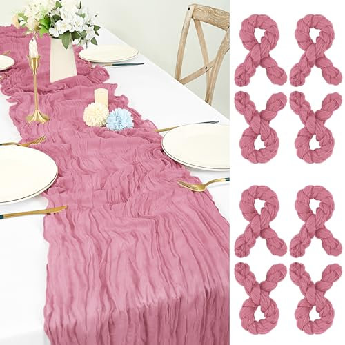 Lot de 8 Chemin de Table en étamine Rose Poussiéreuse, 55x300cm Lavable Tissu Chemin de Table Boho pour Mariage Romantique Douche Nuptiale Candlelight Dinner Translucide Gaze Décoration de Table