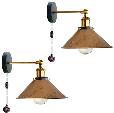 DC VOLTAGE 2 PCS Retro Industrial Wall Light Plug in Wall Lamp Metal Cone Shape Shade Indoor Light Fitting with Dimmer Switch for Bedroom Hallway Restaurants