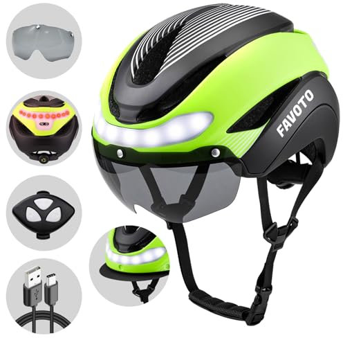Favoto Casque de Vélo avec Lumière - Casques de Cyclisme pour Homme Femme Adulte avec Lumières Arrières Circonférence Réglable Visière Amovible L 59-61cm Vert