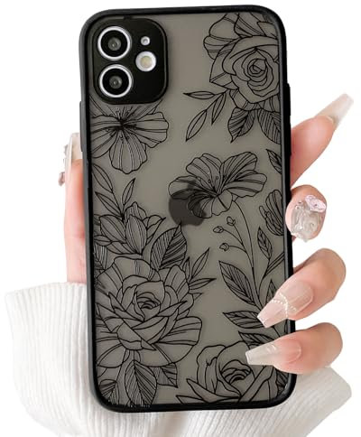 NITITOP Compatible with iPhone 11 Case Cute Aesthetic Floral Flower Vintage Rose Black Pattern Matte Clear Women Girl Full Camera Lens Slim Hard PC Shockproof Pritective Cover - Black