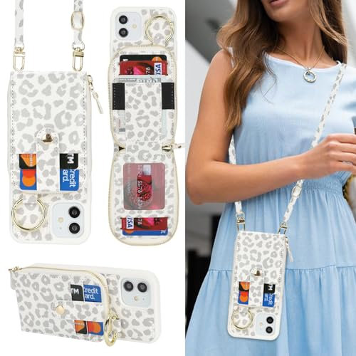 SailorTech iPhone 12/12 Pro Wallet Case - White Leopard - Faux Leather - Card Holder, Adjustable Strap, Kickstand