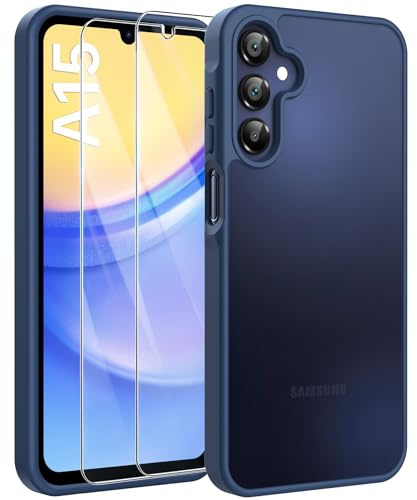 FLLAO Matt Handyhülle für Samsung Galaxy A15 Hülle und 2 Schutzfolie, mit Kameraschutz [Militärnorm Schutz] urchscheinende PC Rückseite TPU Bumper Hülle für Samsung Galaxy A15 - Dunkelblau