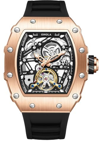 DAXIAOYU Fashion Tonneau Silikonband Vollautomatische Uhren für Herren Hollow Out Ruder Schwungrad Mechanische Uhr Tourbillon Skelett Wasserdicht Armbanduhr, Rosa / Schwarz, Luxuriös