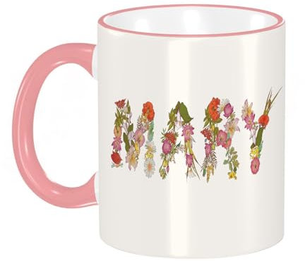 YOIUE Tasse aus Keramik - Große 11oz Tassen 330ml Kaffeetassen mit Henkel, 100% Handbemalt - Trinkgläser mit Griff - Weiß,Maria aus Blumen