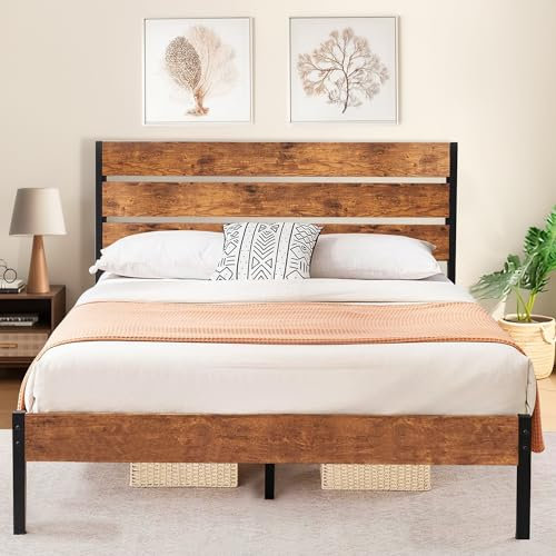 VECELO Bettgestell 140 x 200 cm, Metallbett mit Dick Holzkopfteil und Lattenrost, Doppelbett mit Stauraum unter dem Bett, perfekt für Schlafzimmer, Braun