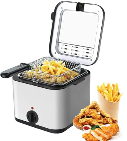 Fritteuse, Öl-Fritteuse, 2,5 l, Fritteuse, ohne Öl, 1000 W, mit Ölfilter, Sichtfenster, Temperaturbereich 80 – 190 °C, spülmaschinenfest, aus Edelstahl, Ölfritteuse
