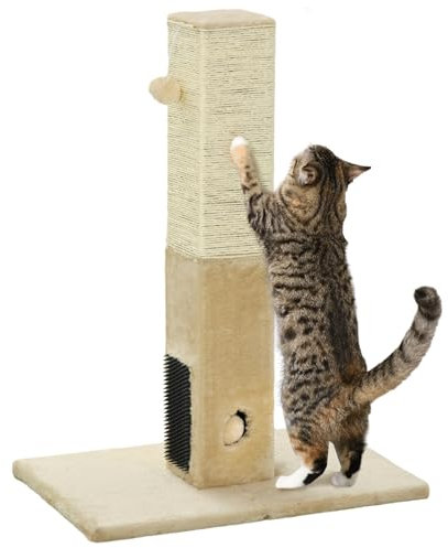 PawHut Poste Rascador para Gatos 79 cm Rascador para Gatos Arañador para Gatos con Bola Colgante Cascabel y Poste de Yute 59,5x39x79 cm Beige y Crema
