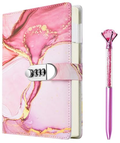 Diary with Lock, A5 PU Leather Digital Notebook with Lock120 Sheets/240 Pages Password Locked Travel Notebooks with Pen A5 Fashion Password Book with LockDiary Personal Notebookfor Birthday Gifts - P