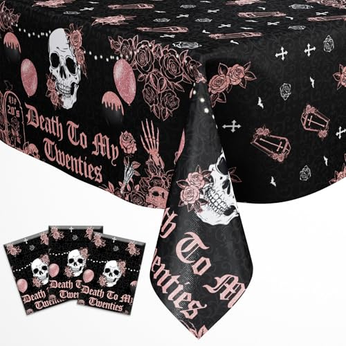 kreat4joy Gothic 30th Birthday Decoration for Her, 3pcs Death to My 20s Birthday Decoration Table Cloth Cover 108 * 51inches Plastic Black Gold Rose for Rip to My 20s Twenties 30 Year Old Party Decor