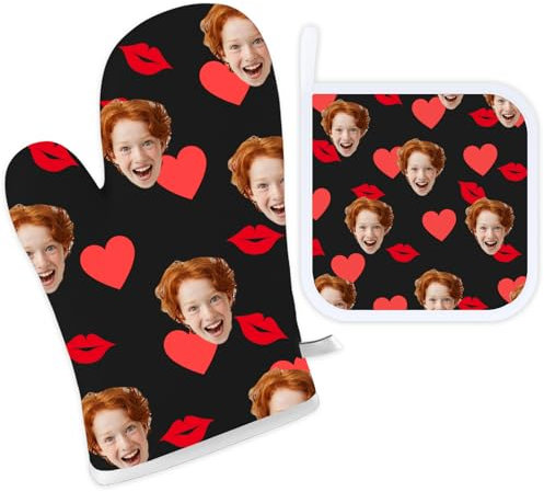 Personalised Face Oven Mitts and Pot Holders Set Funny Baking Gadgets Gifts Custom Cute Cooking Gloves for Cooking Lovers Family Friends