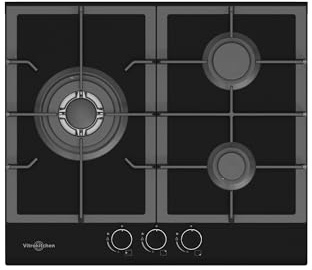 Vitrokitchen CG630-0NN - Placa Cristal Gas Natural 3 fuegos con encendido electrónico, seguridad Gas-Stop, 60cm