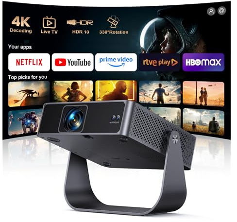 Proyector 4K【Netflix Ready+TV Directo】 Proyector Portatil App Integrada Auto Focus/Keystone 1080P FHD Nativo con HDR10, Giro 330° WiFi Bluetooth Mini Proyectors Projector Cine en Casa/Exterior/HDMI